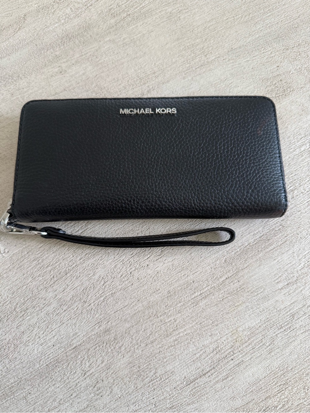 Michael Kors Black Pebbled Leather Wristlet with Silver Logo Plate